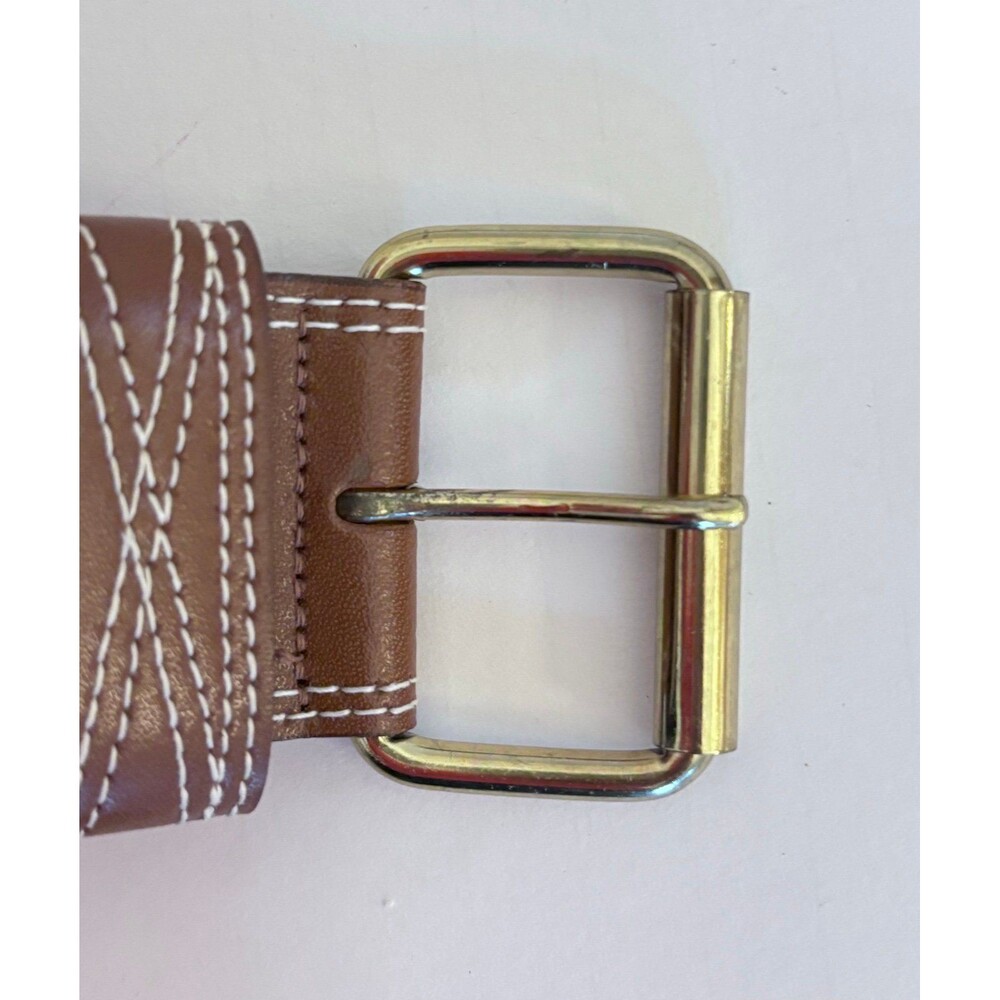 Linda Allard For Ellen Tracy size 6 Tan Leather Belt White Top Stitching - Picture 2 of 7